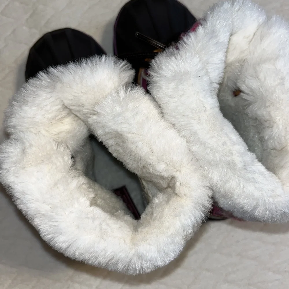 London Fog winter boots, sweater knit uppers, faux fur, pink/brown kids 10